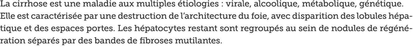 La cirrhose est une maladie aux multiples  tiologies   virale  alcoolique  m tabolique  g n tique  Elle est caract ri   